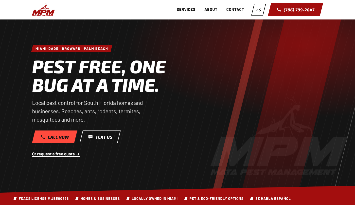 The Mata Pest Management homepage on a desktop browser