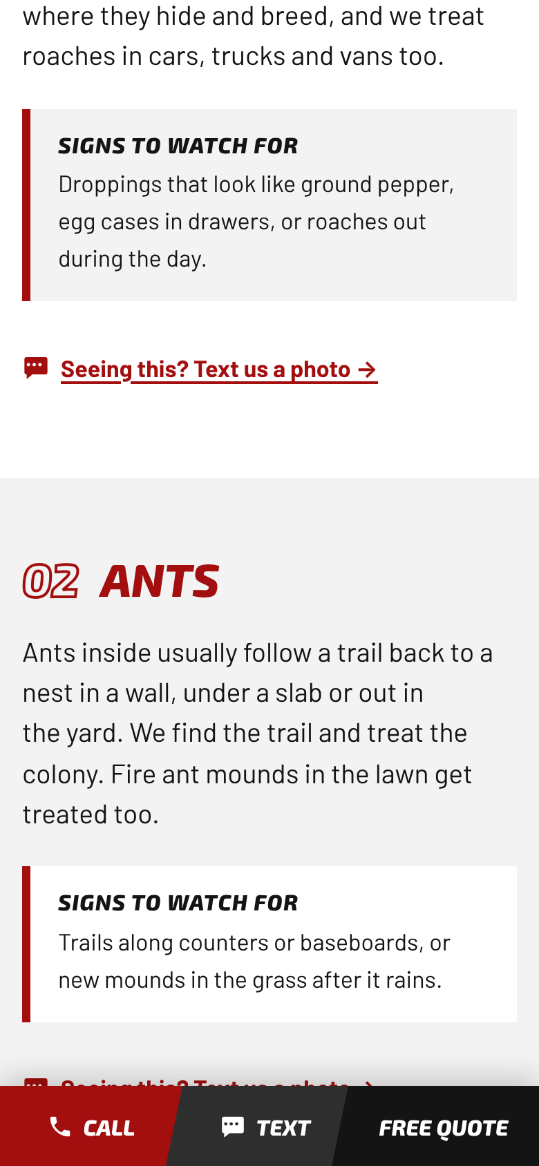 The ants section of the Mata services page, with a Text us a photo link