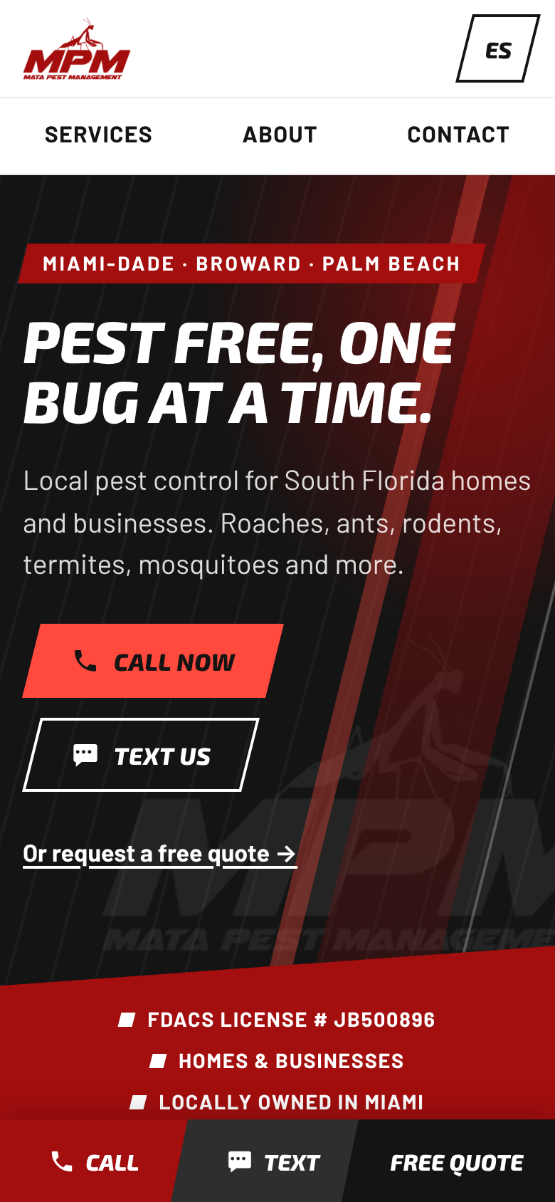 The same site on a phone, with call, text and quote buttons at the bottom